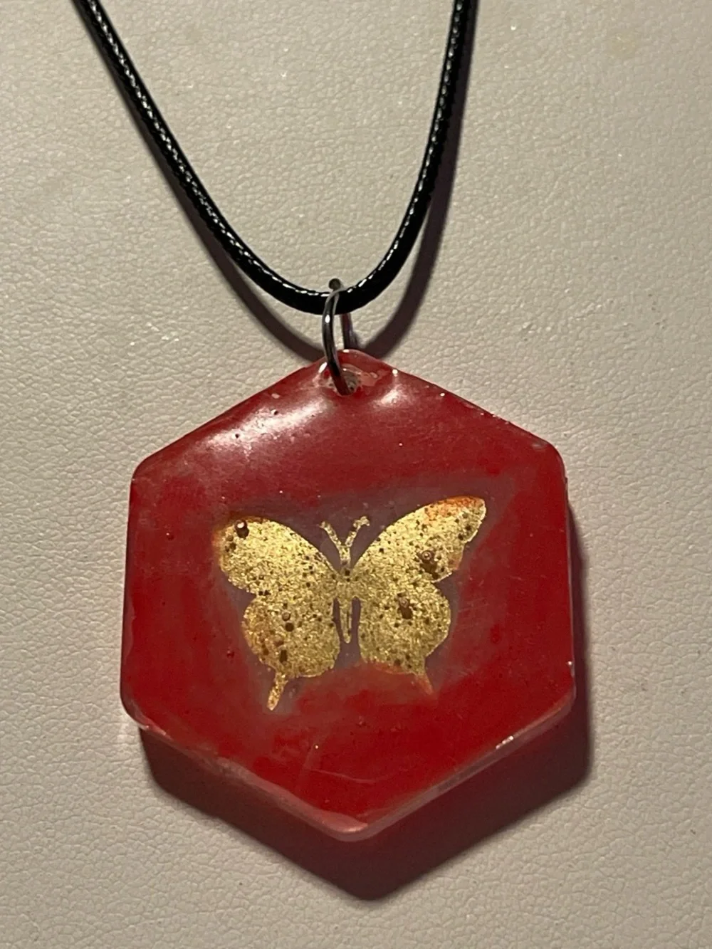 Gold Butterfly Red Hexagon Pendant Necklace - Women Jewelry